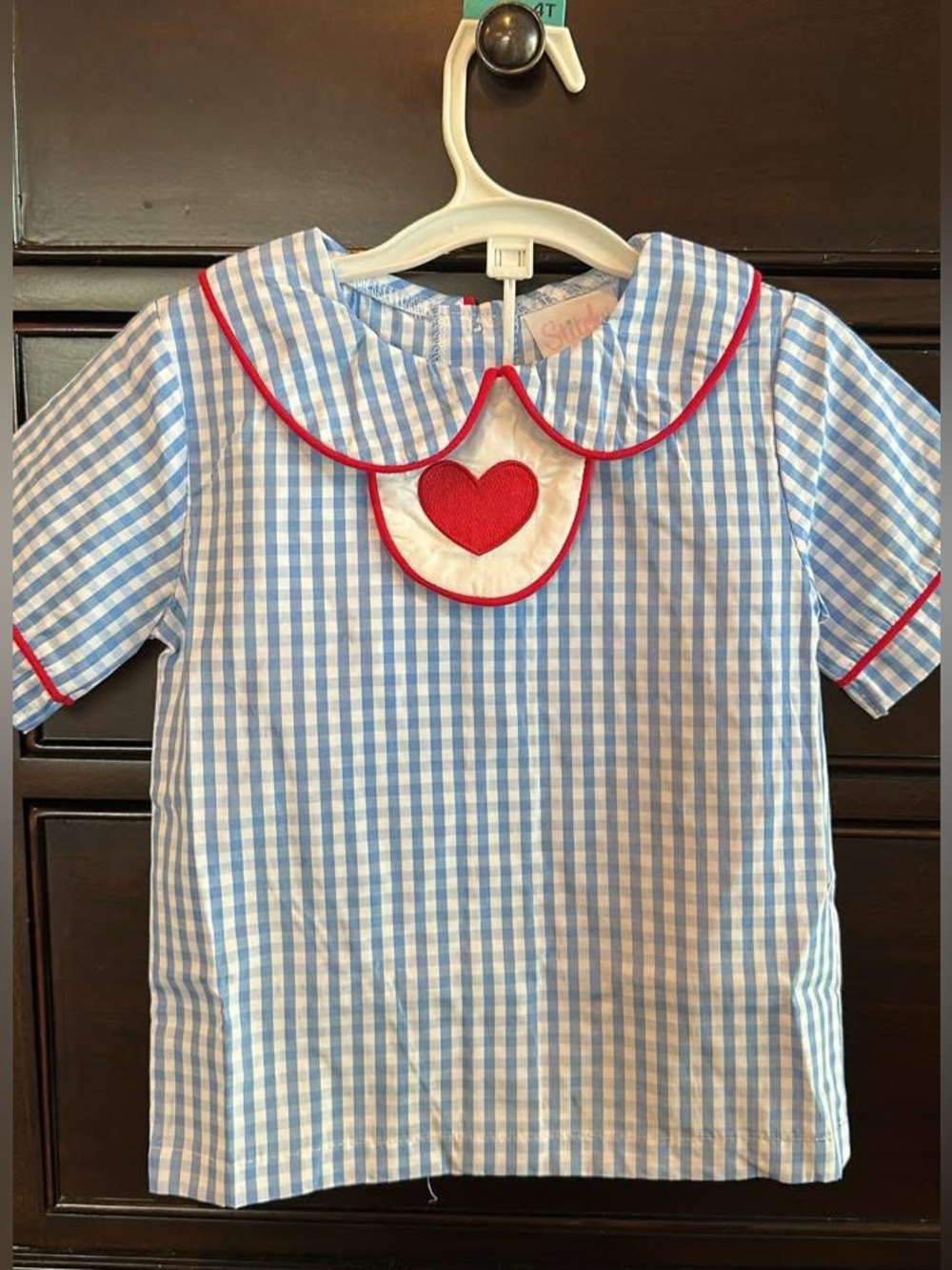 Blue Gingham Kids Matching Set Top with Red Heart Trim